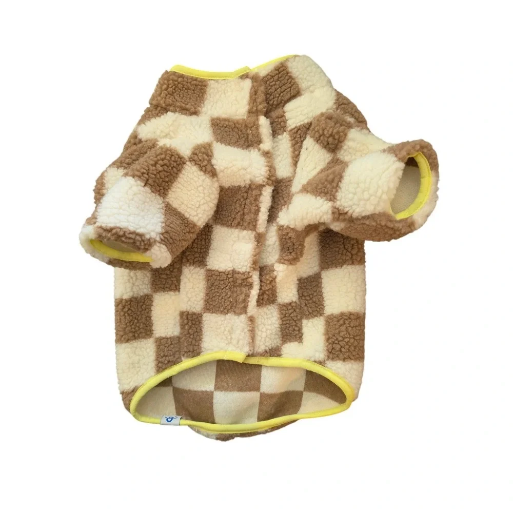 Oodles Sherpa Checkered Dog Hoodie‎ Medium Brown Cream Pet Sweater